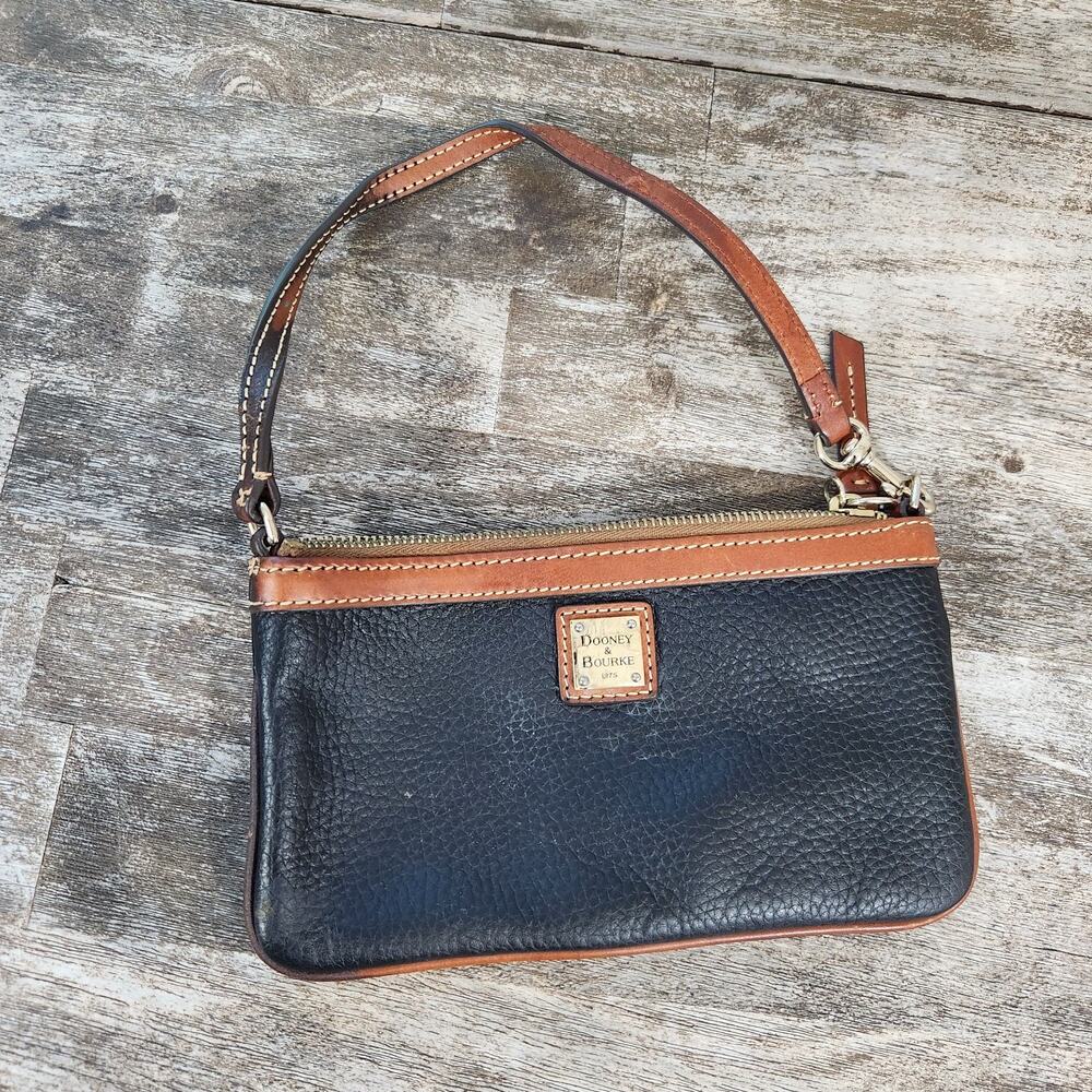 Dooney & Bourke Navy Leather Wristlet Clutch Mini Bag Y2K Purse Brown Trim Zip